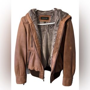 Jones New York Genuine Leather Hooded Jacket Brown Medium